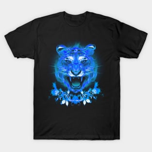 Blue Fire Tiger Cat And Roses T-Shirt